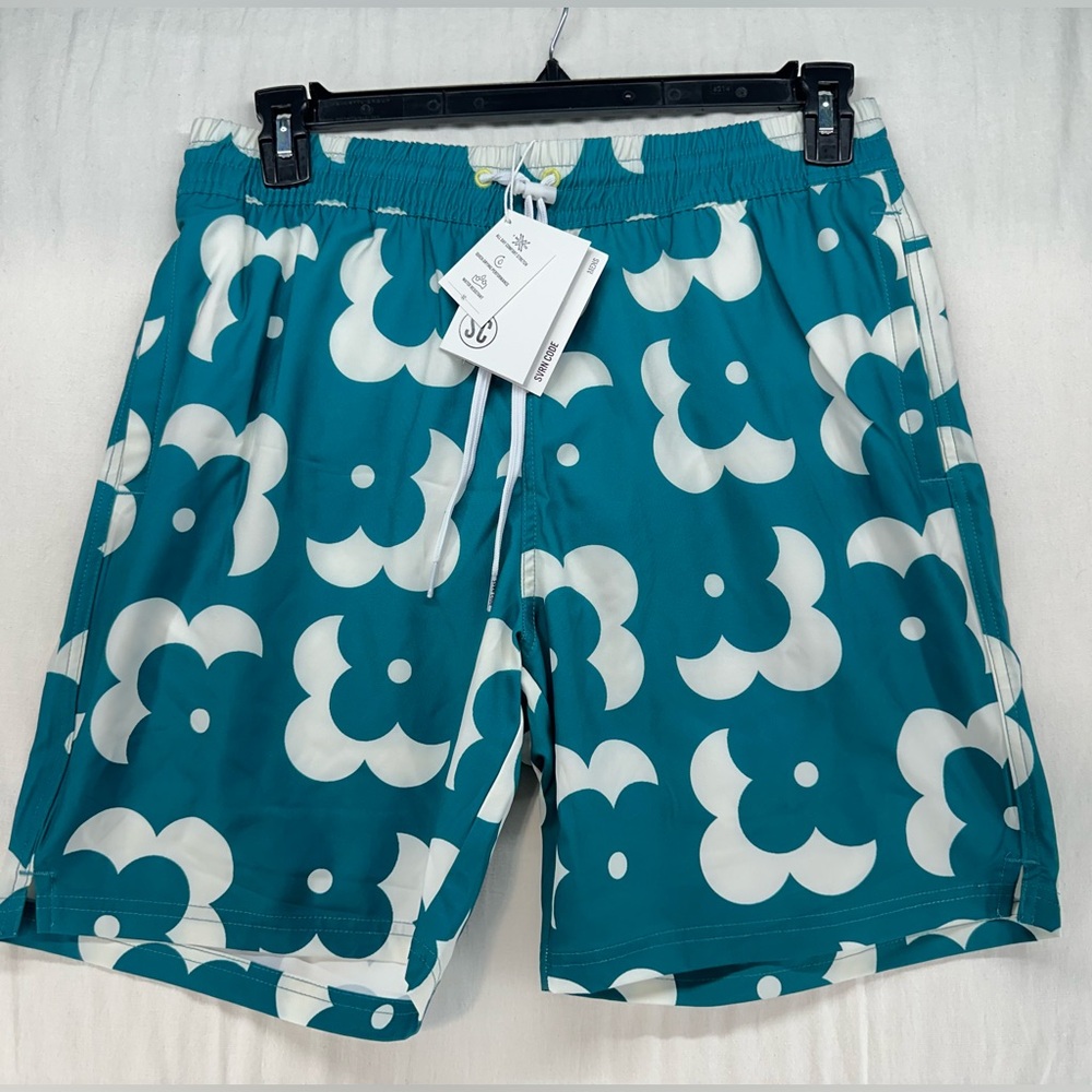 SC Sovereign SVRN Code Retro Teal Green Floral Print Swim Trunks Mens Size M
